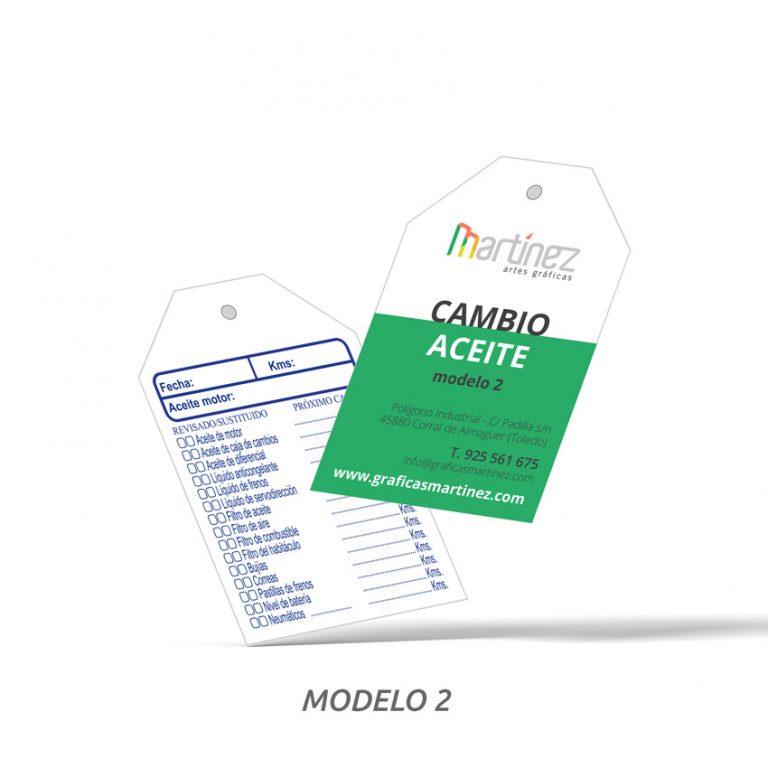 Tarjetas de cambio de aceite para taller Graficas Martinez